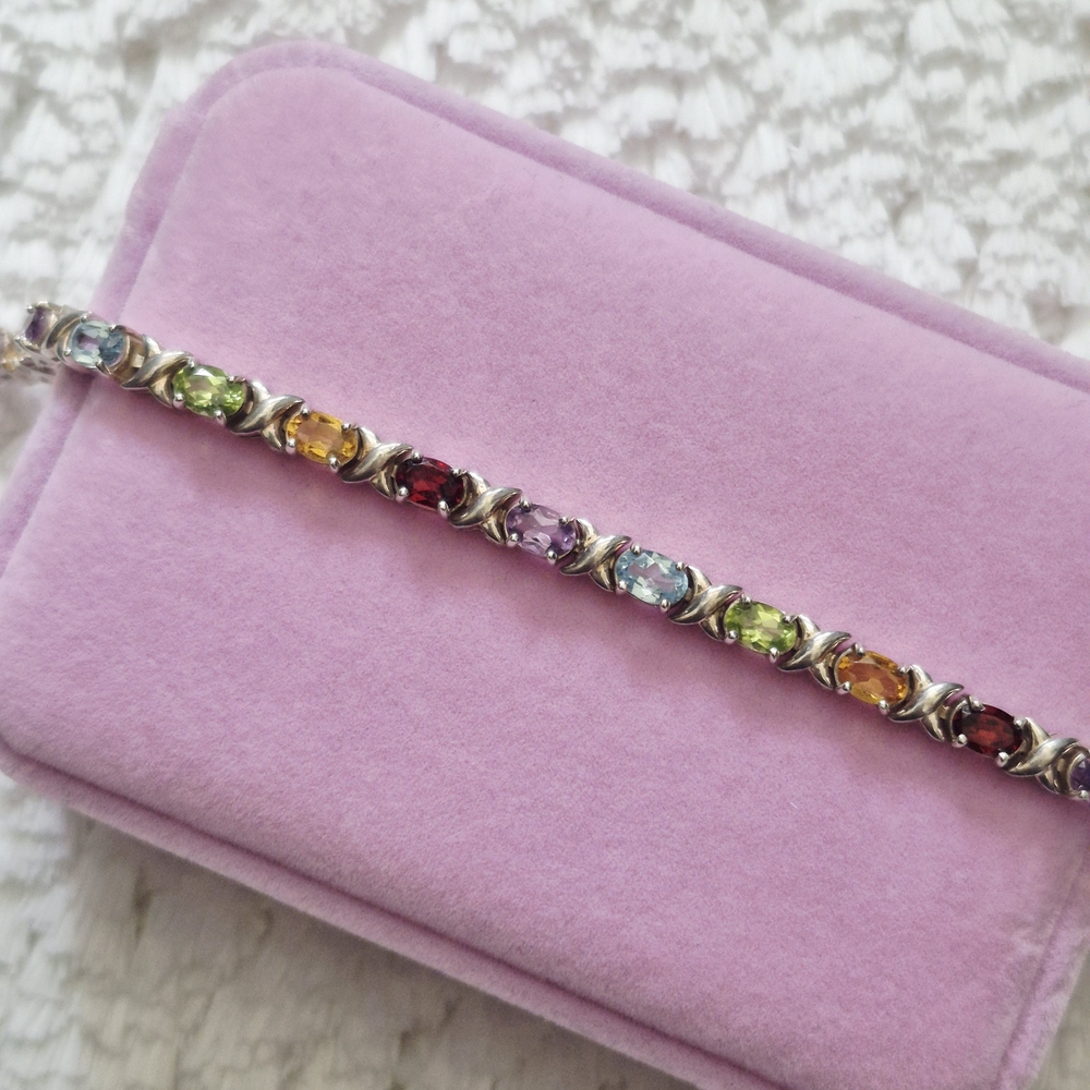 Vintage Sterling Silver XO Multi-Color Gemstone Tennis Bracelet - Picture 5 of 12